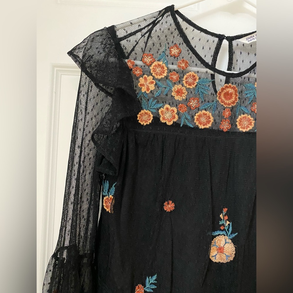 Zara Black Sheer Blouse with Floral Embroidery - Picture 9 of 12